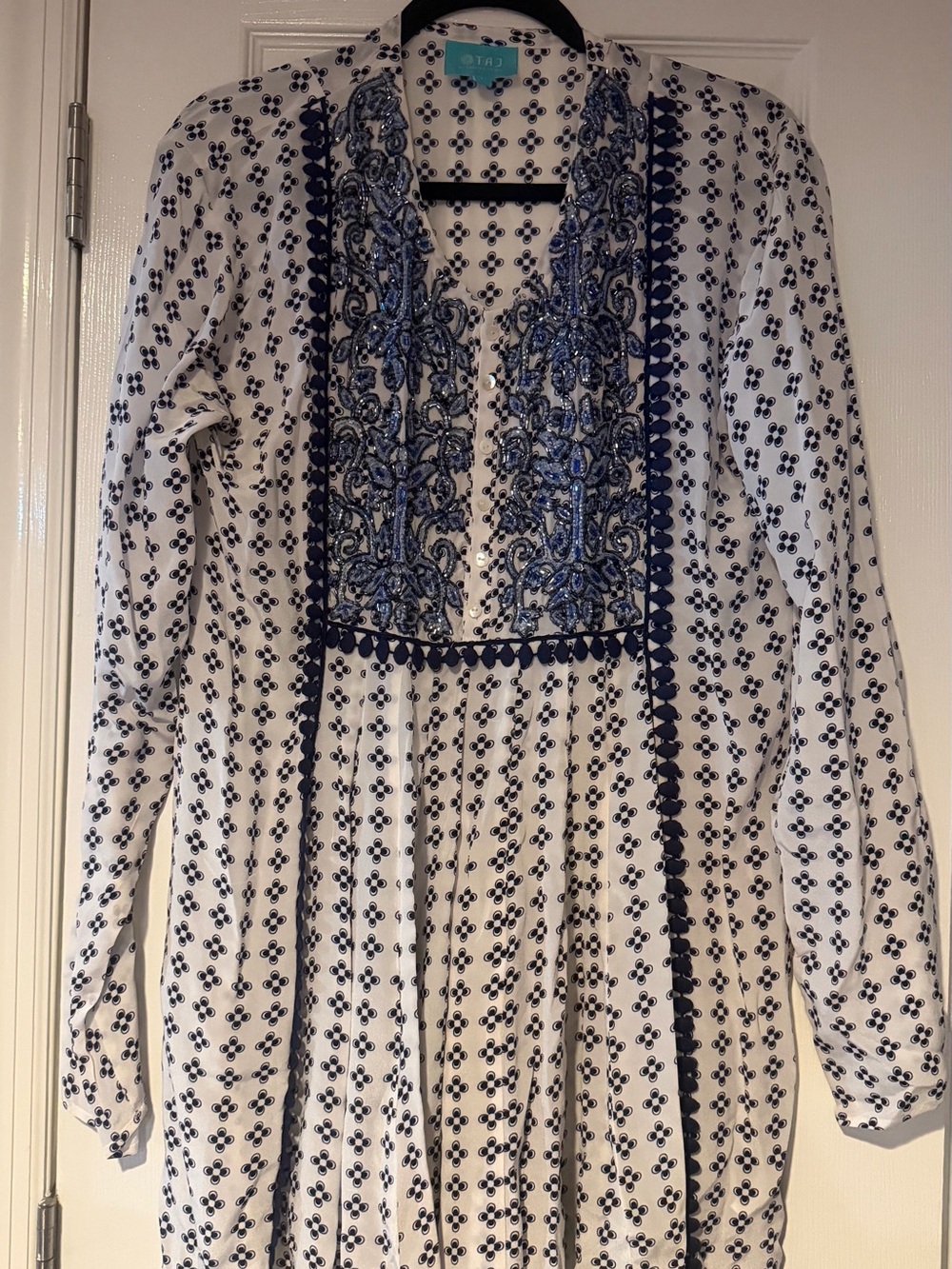 TAJ by Sabrina Crippa White and Navy Embroidered Swim Coverup